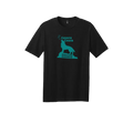 Black t-shirt with teal DHE Choir graphic and text on a white background