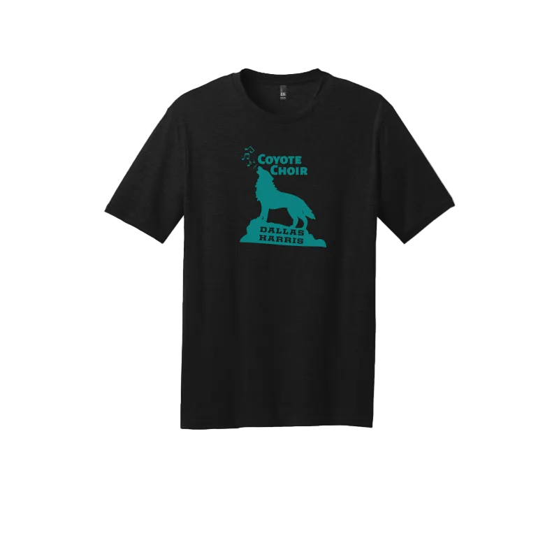Black t-shirt with teal DHE Choir graphic and text on a white background