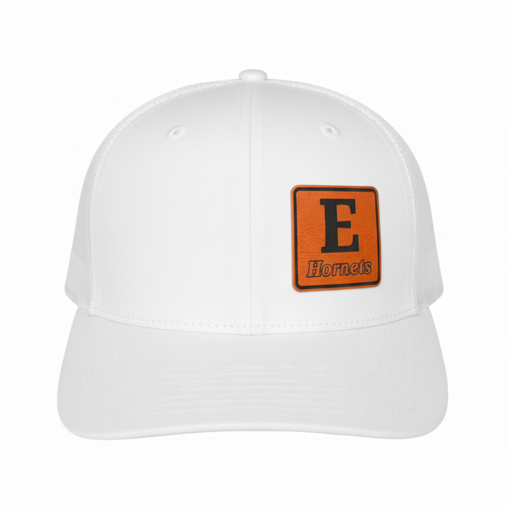White cap with orange and black logo on a white background