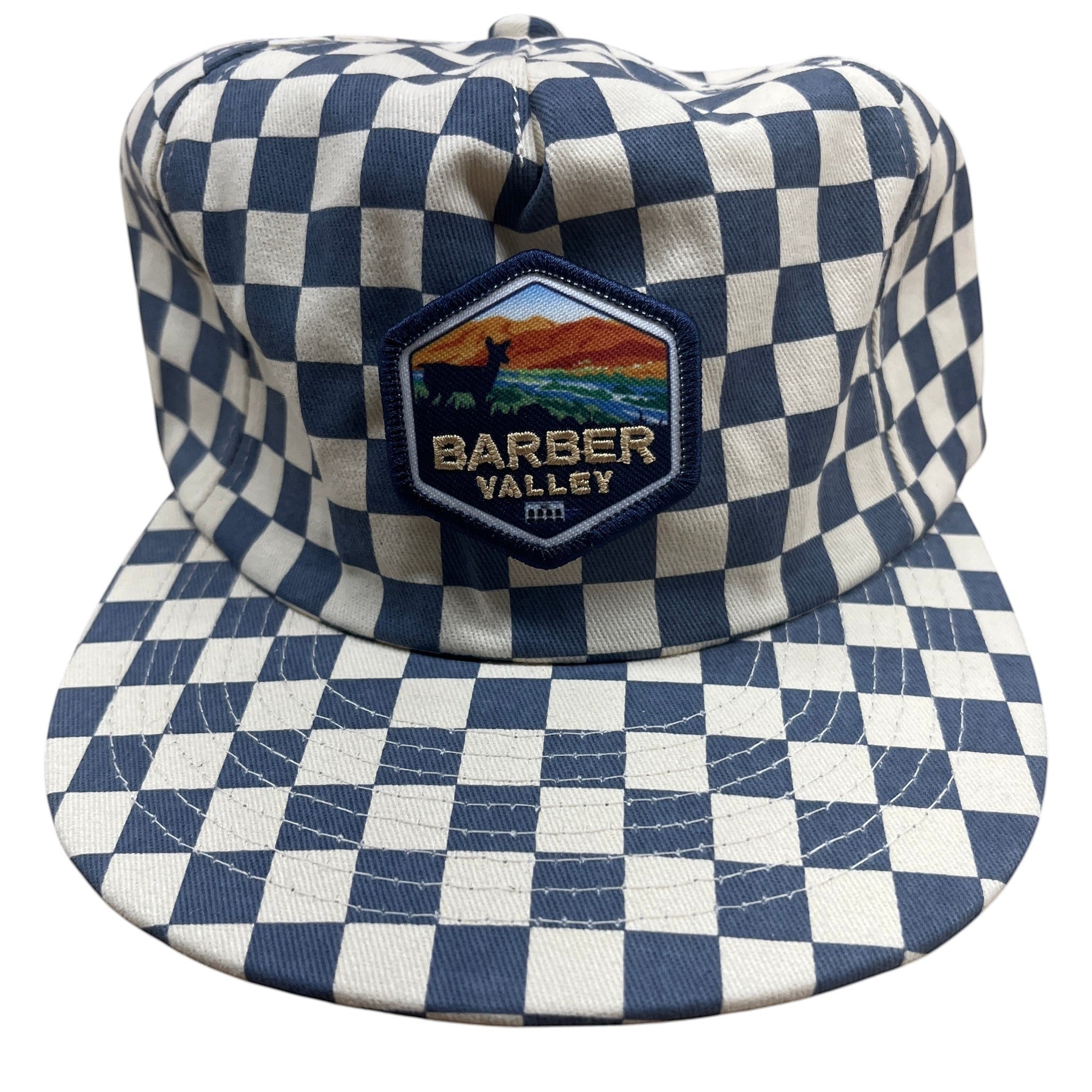Barber Valley Threads checkered snapback hat with a custom embroidered landscape patch on the front