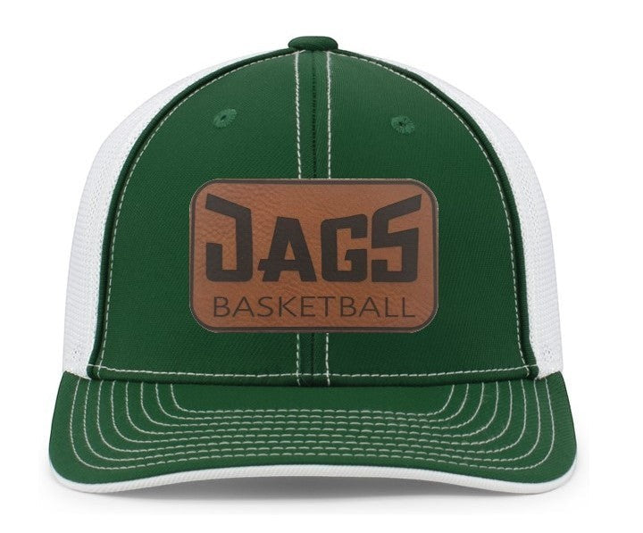 Barber Valley Threads green and white Pacific Headwear trucker hat with a brown leather JAGS basketball patch