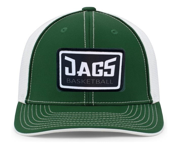 Barber Valley Threads green and white Pacific Headwear trucker hat with Jags Basketball patch and curved visor