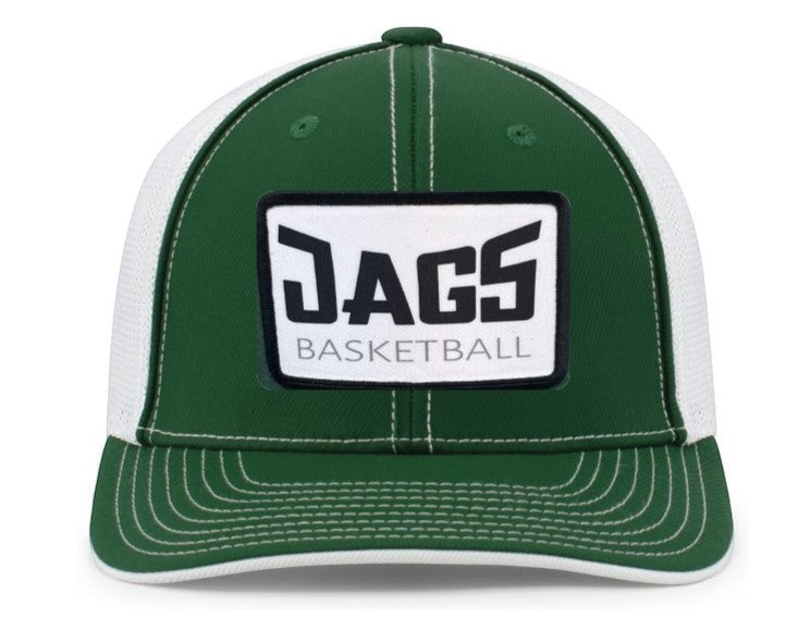 Barber Valley Threads green and white Pacific Headwear trucker hat with Jags Basketball patch and curved visor