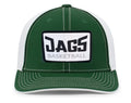 Barber Valley Threads green and white Pacific Headwear trucker hat with Jags Basketball patch and curved visor
