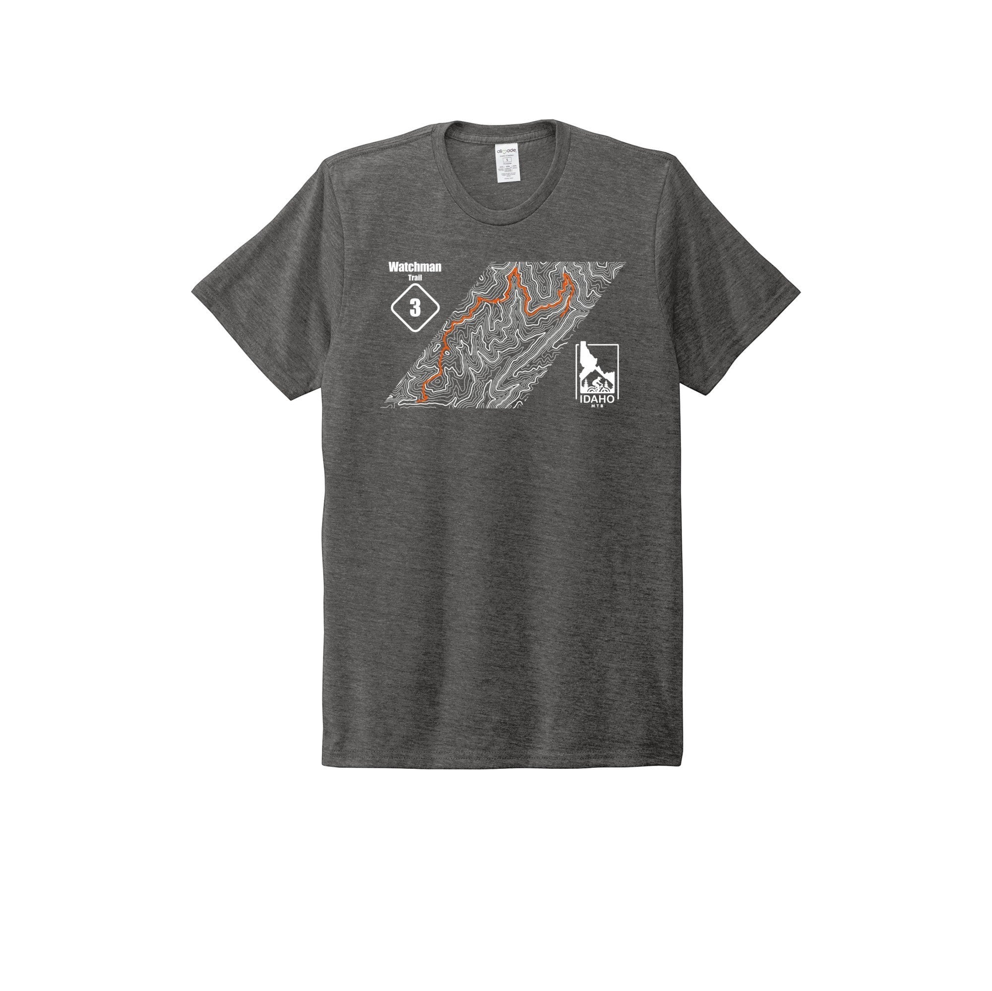 Barber Valley Threads charcoal grey tri-blend unisex t-shirt featuring a Watchman Trail topographic map graphic.